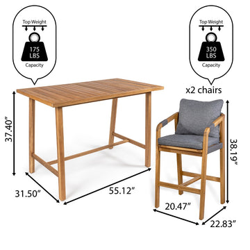 Porto Modern Coastal 3-Piece Acacia Wood Outdoor Bar Set with Cushions - JONATHAN Y